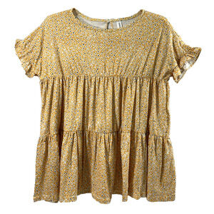 Tickled Teal Tiered Top Womens XL Yellow‎ Creme Floral Cottagecore Boho Ruffles